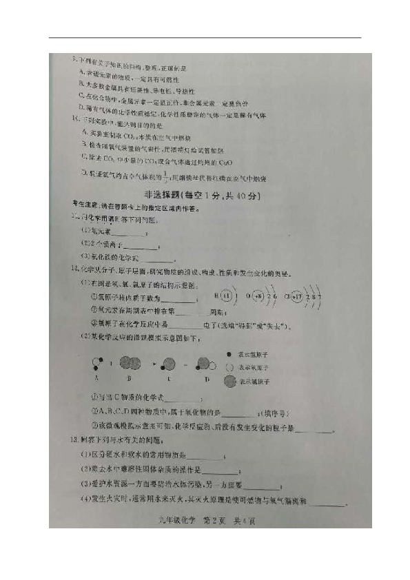吉林省长春市绿园区2019届九年级上学期期末考试化学试题（图片版，无答案）