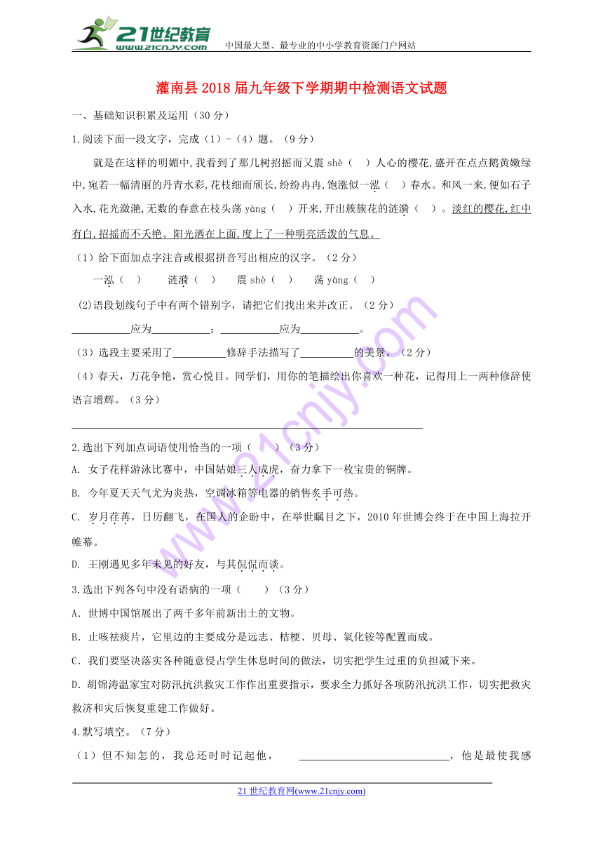 江苏省连云港市灌南县2018届九年级下学期期中检测语文试题