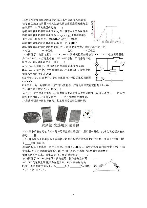 浙江省宁波市慈溪市2019学年第一学期九年级期末考试科学试题卷（word版 图片答案）