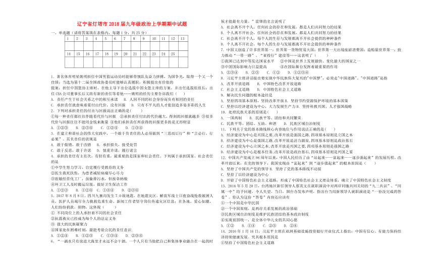 辽宁省灯塔市2018届九年级政治上学期期中试题（含答案）