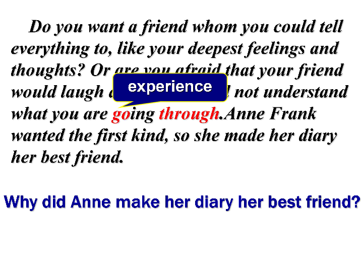 1 人教版高中英语必修1 Unit 1 Friendship Reading ： Anne's best friend阅读课课件（共15张）