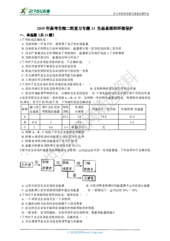 2019年高考生物二轮复习专题13 生态系统和环境保护