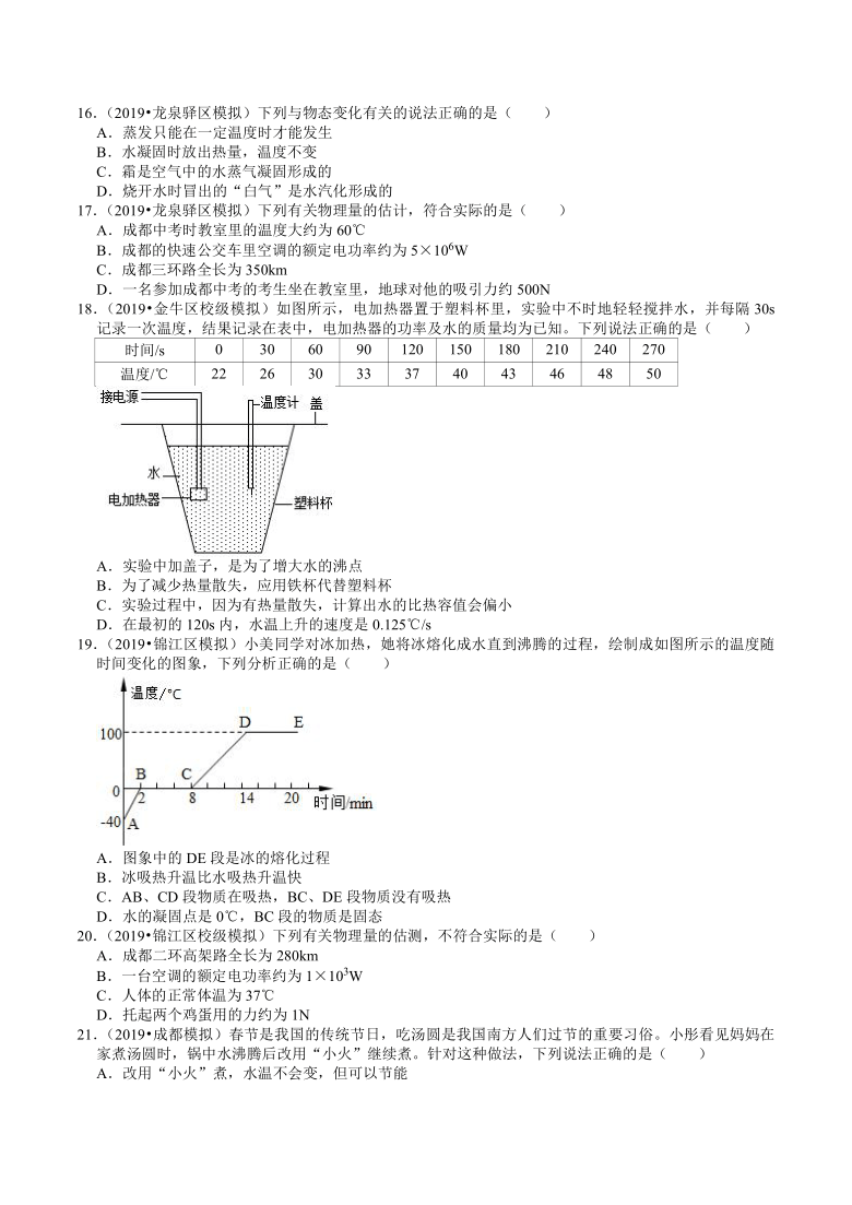 四川中考物理复习各地区2018-2020年模拟试题分类（成都专版）（1）——物态变化（含解析）