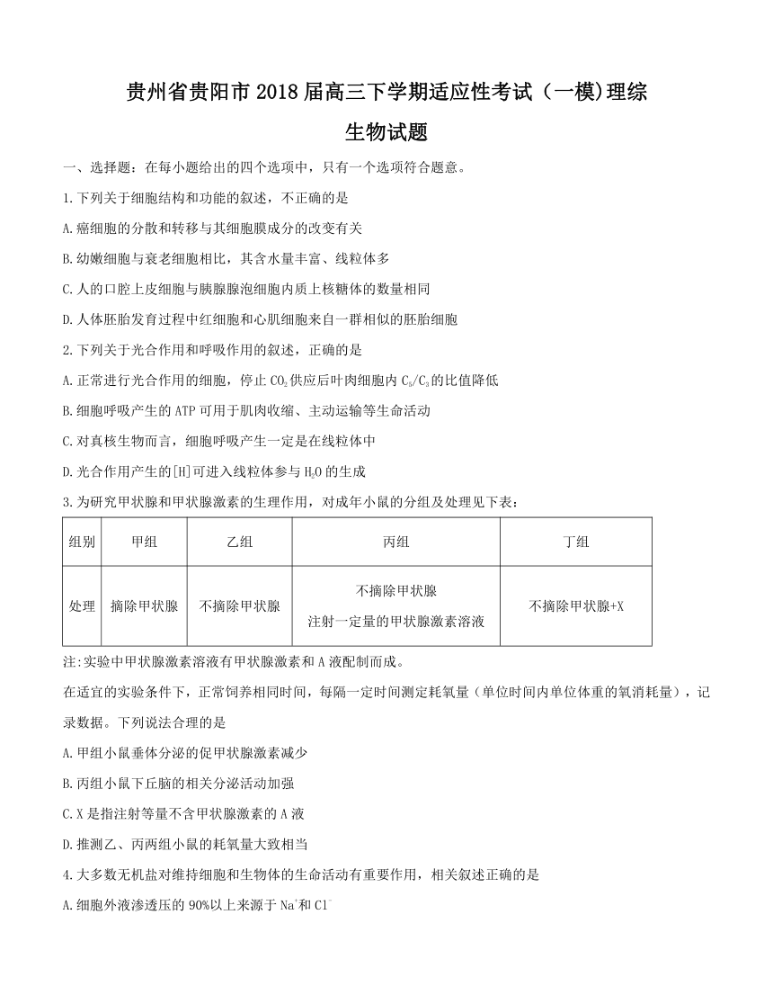 贵州省贵阳市2018届高三下学期适应性考试（一)理综生物