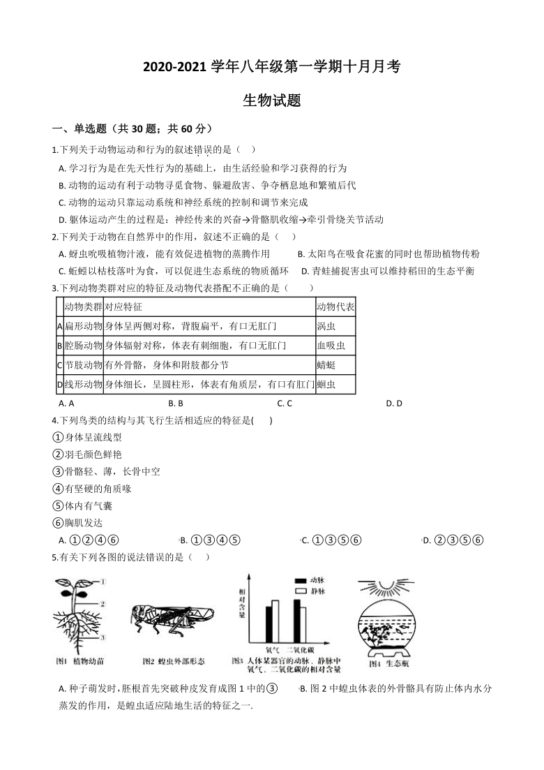 广东省湛江市霞山职业高级中学2020-2021学年第一学期八年级生物10月月考试题（word版，含答案）