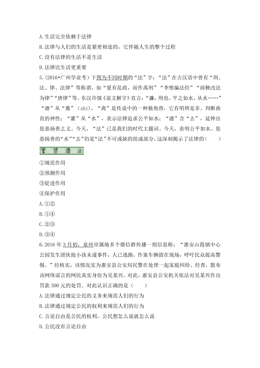 2016鲁人版七上第五单元9.1生活离不开法同步检测