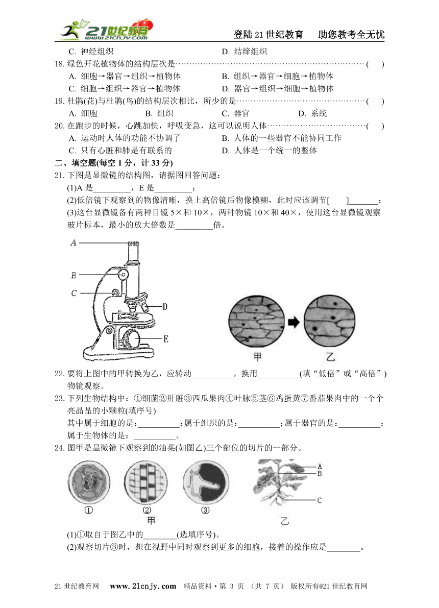 七上科学从细胞到生物体专题提高检测