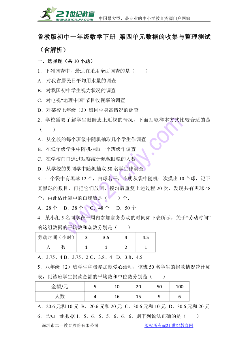 鲁教版初中一年级数学下册 第八单元数据的收集与整理测试（含解析）