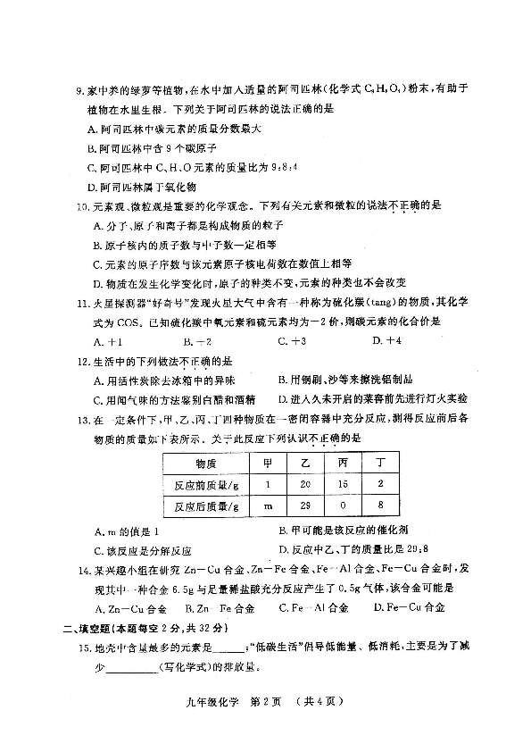 河南省开封市2018-2019学年度九年级上学期期末调研考试化学试题（扫描版无答案）