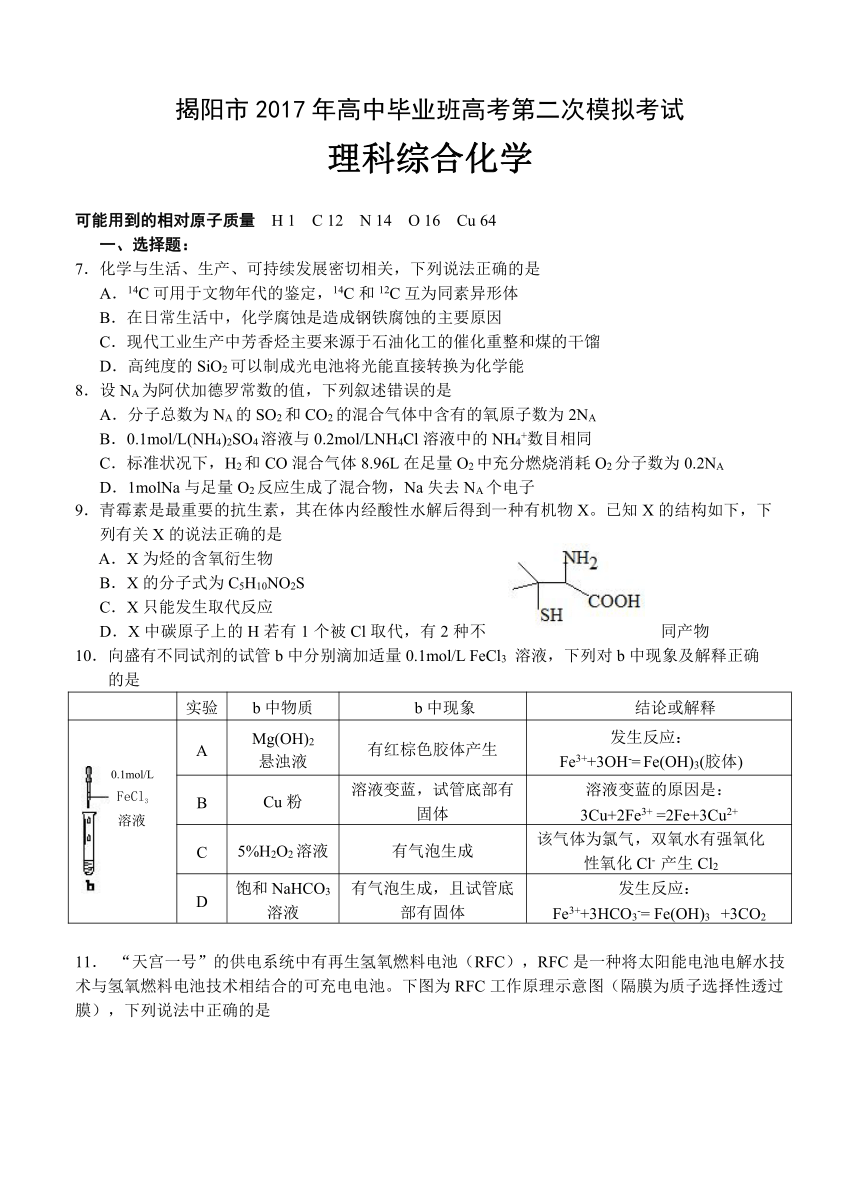 广东省揭阳市高中毕业班2017届高考第二次模拟考试 理综化学