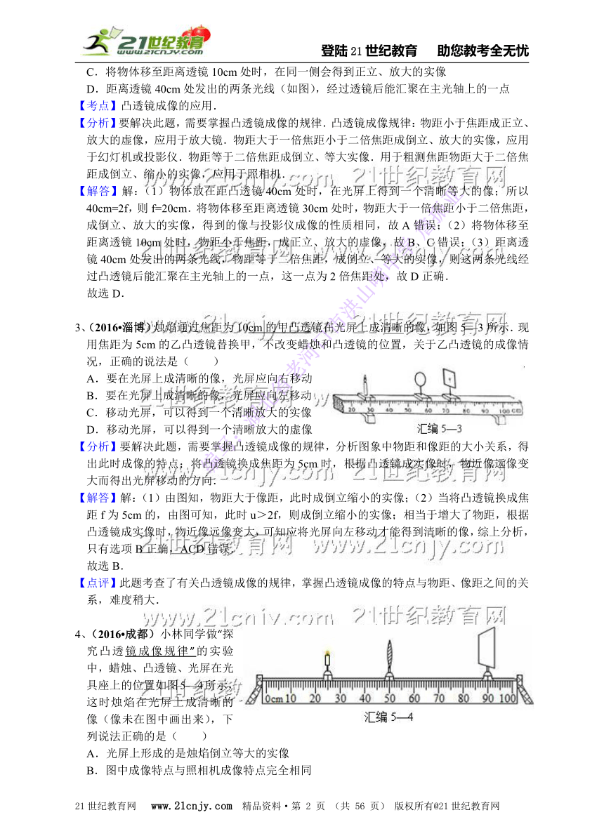 2016年全国中考物理试题分类汇编.第5章 透镜及其应用（精编解析版）（125套）