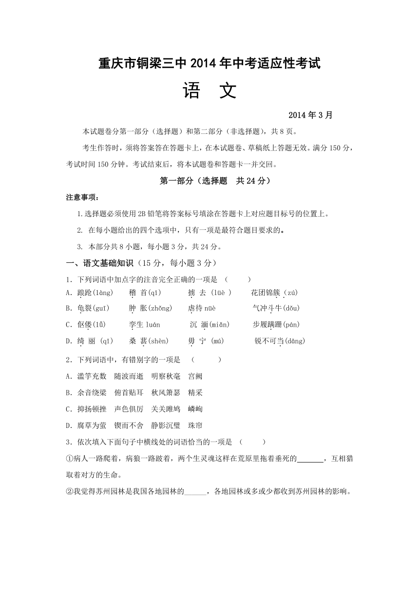 重庆市铜梁三中2014年中考适应性考试九年级语文4