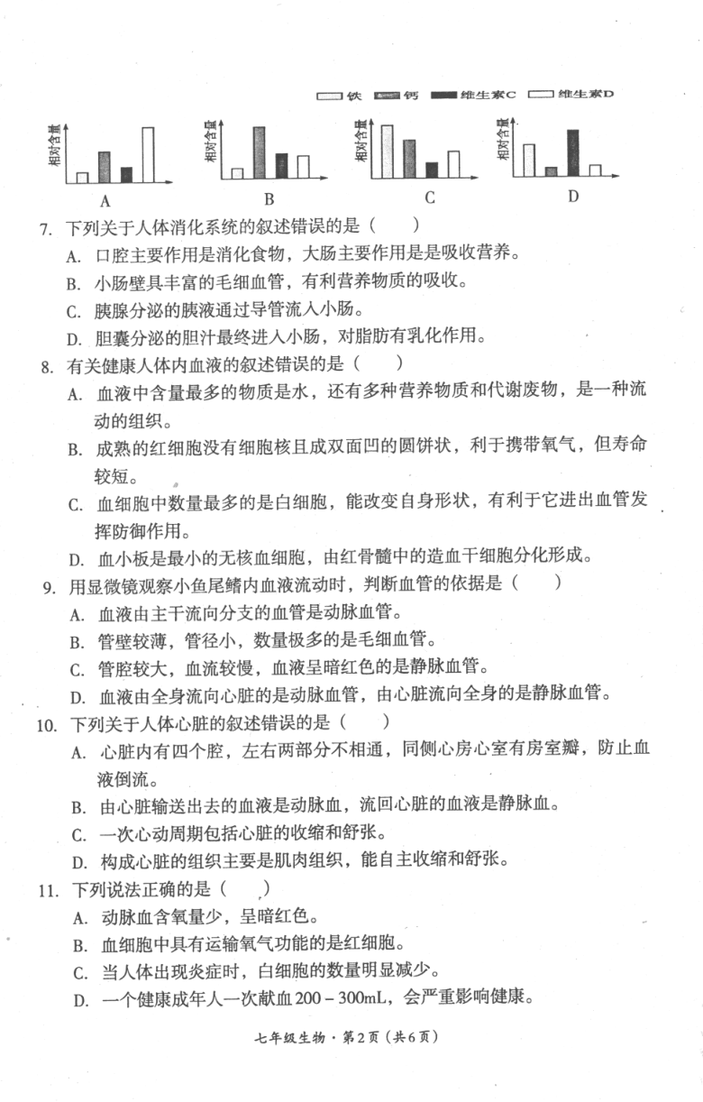 四川省巴中市2020-2021学年七年级下学期期末生物试题（扫描版，含答案）