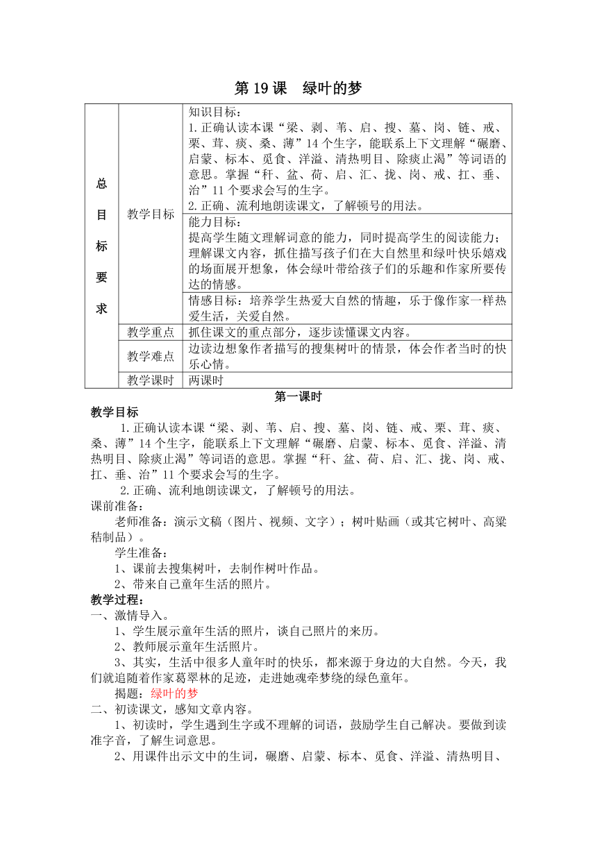 冀教版语文四年级上册第19课  绿叶的梦教案