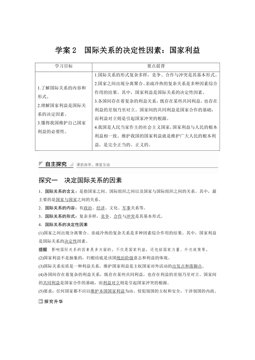 2017-2018学年高一政治人教版必修二同步学案：8.2 国际关系的决定性因素 国家利益（含解析）