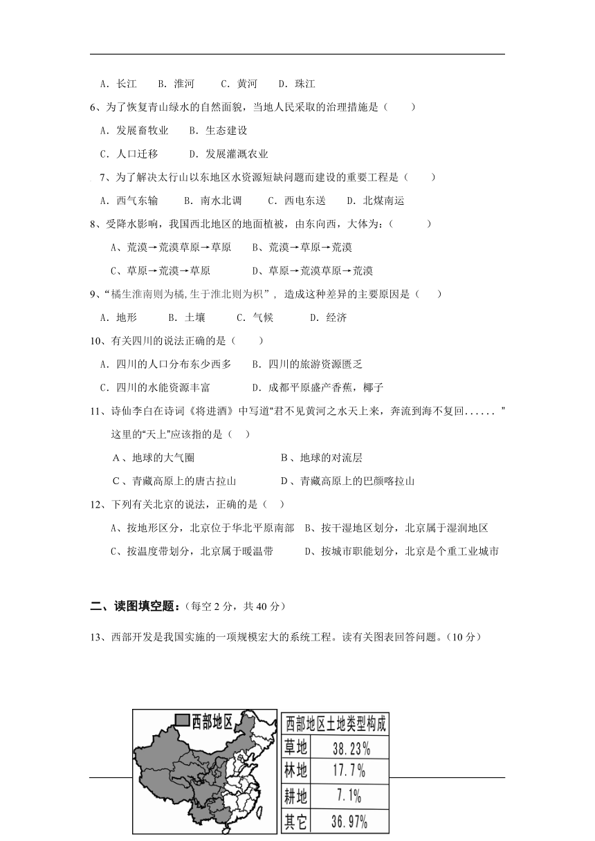 四川省南充五中2016-2017学年八年级下学期期中考试地理试卷