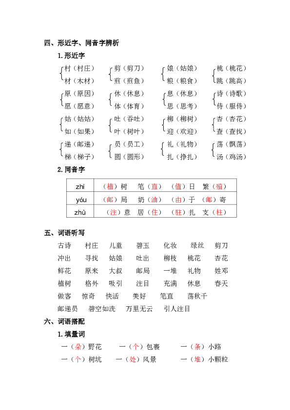 统编版语文二年级下册第一单元复习重点(共7页)