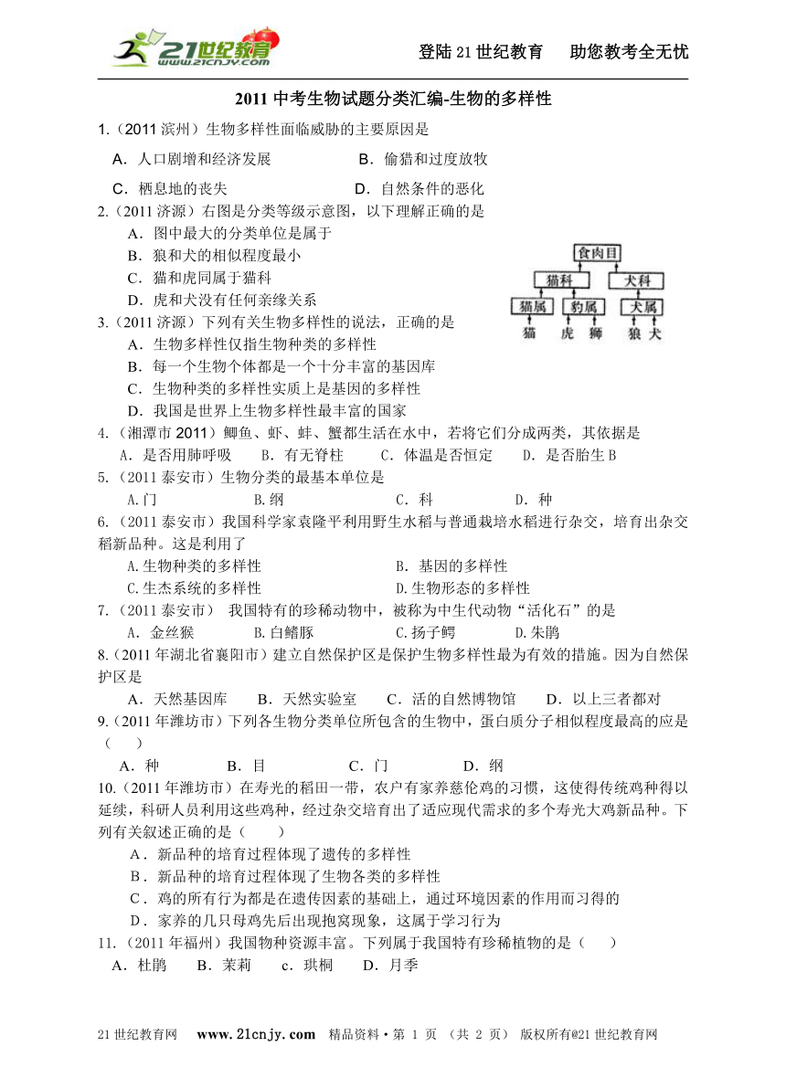 2011中考生物试题分类汇编-生物的多样性