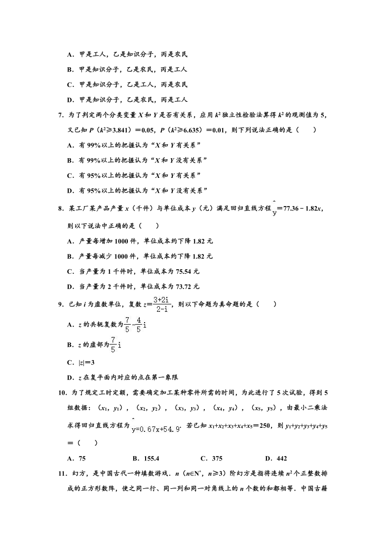 2019-2020学年吉林省吉林市高二下学期期末（文科）数学试卷 （Word解析版）