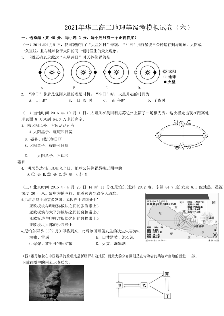 上海市华二附中2020-2021学年高二4月地理等级考模拟卷六  Word版含答案