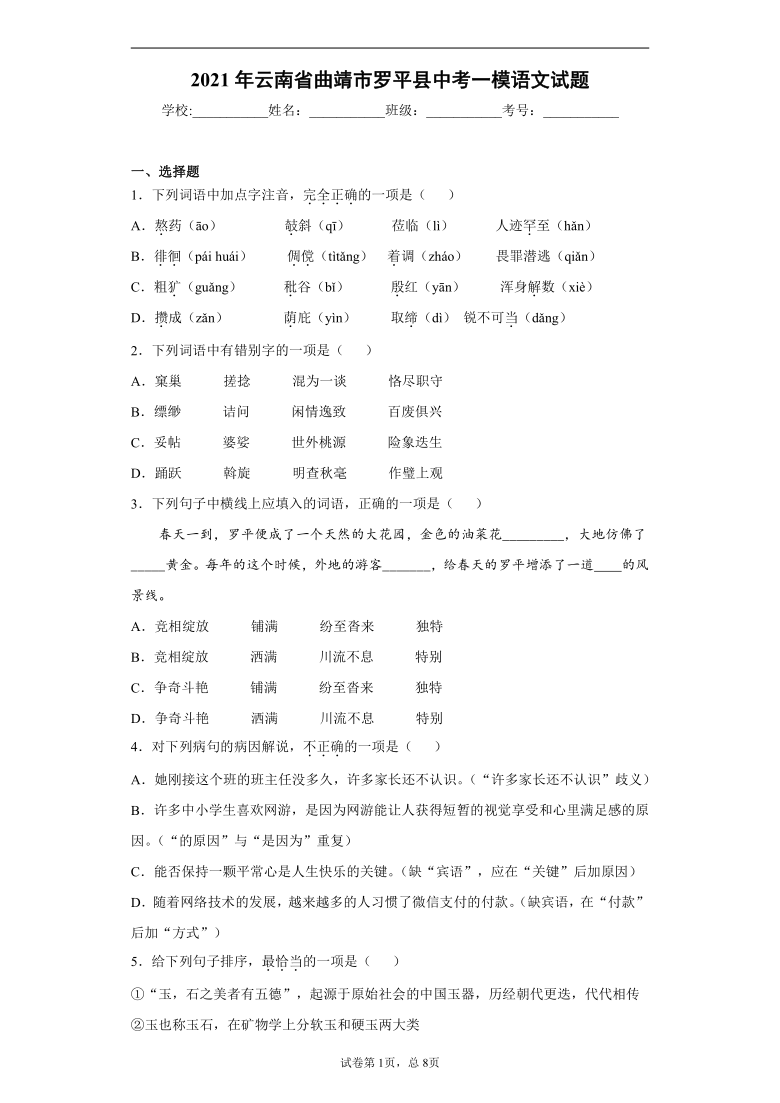 2021年云南省曲靖市罗平县中考一模语文试题（word版 含答案）