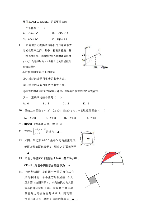 贵州省六盘水市第二十一中学2020届九年级下学期第一次月考数学试题（中考模拟 含答案）