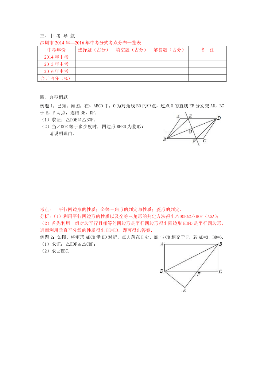 广东省深圳市2017届中考数学 第28课时《矩形和菱形》复习学案（无答案）