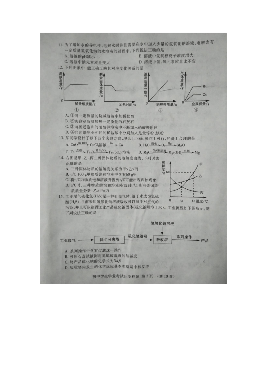 山东省泰安市2017届九年级4月模拟考试化学试题（扫描版）