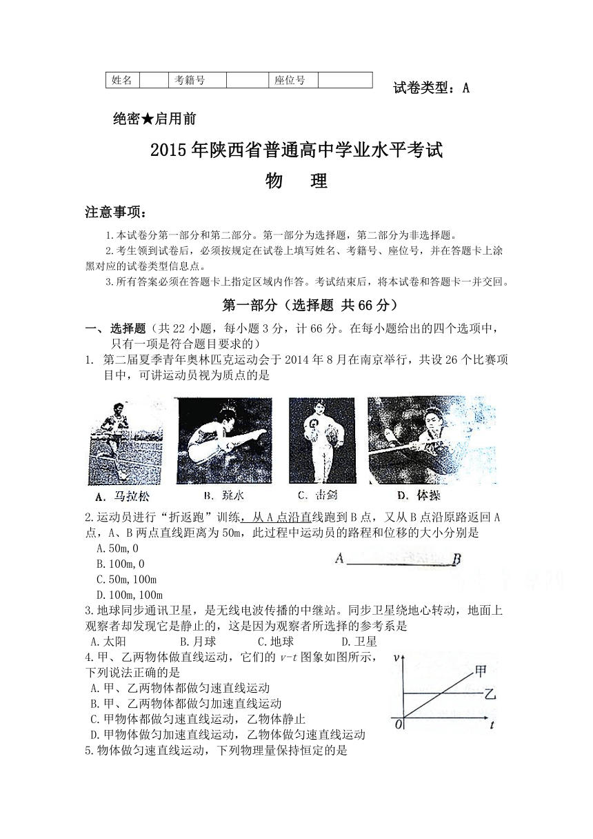 2015年陕西省普通高中物理学业水平测试 Word版(无答案)