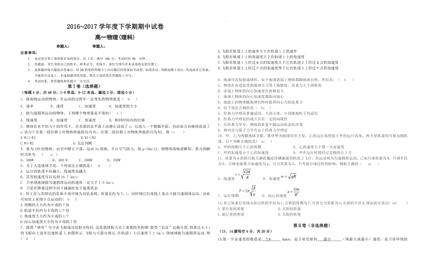 2016~2017学年度下学期期中试卷高一物理(理科)