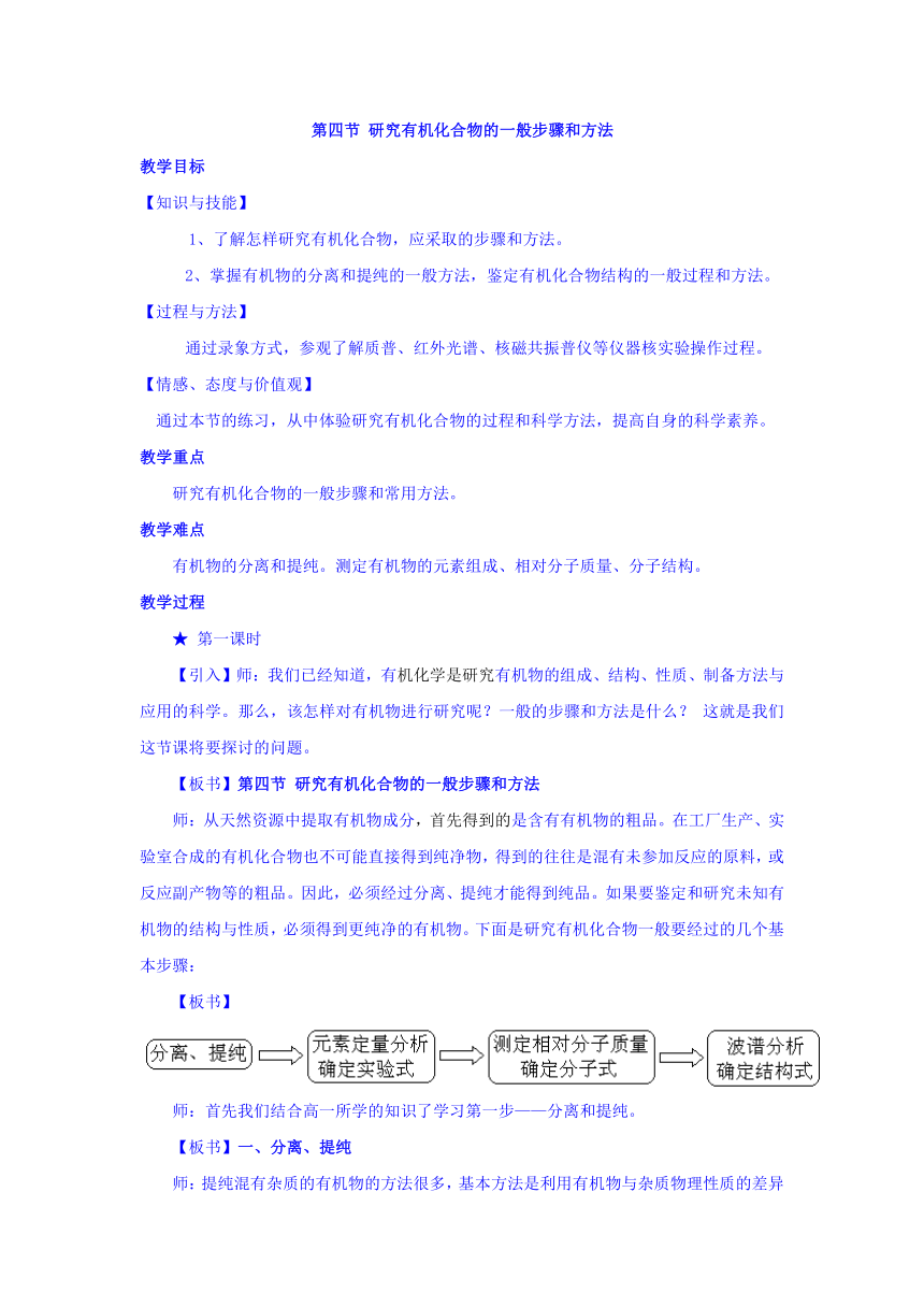 安徽省望江县中学高中化学选修5教案：1.4研究有机化合物的一般步骤和方法