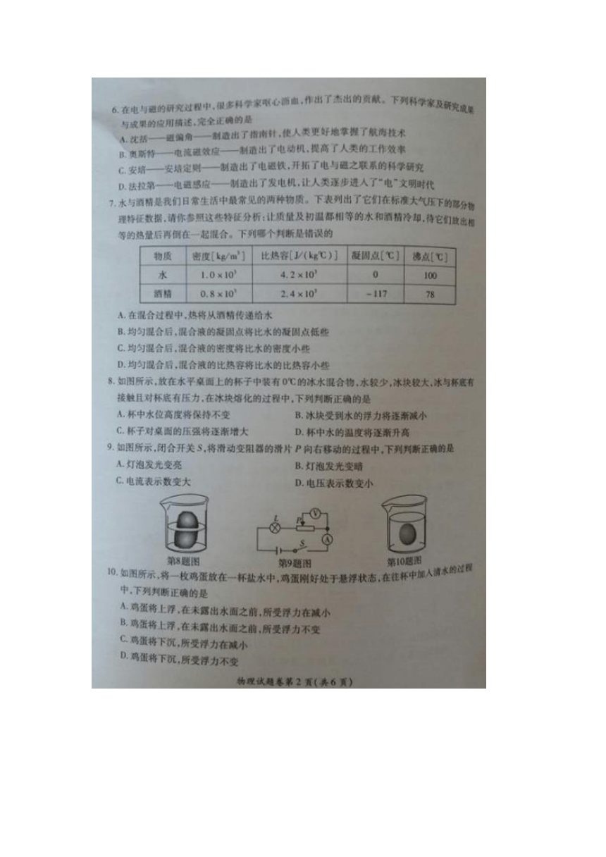 2016年四川省广安市中考物理试题（图片版，有答案）