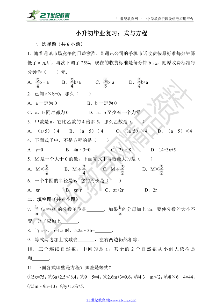 小升初毕业复习：式与方程