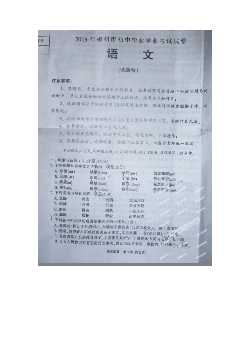 2013年湖南郴州市中考语文试卷（扫描版无答案）