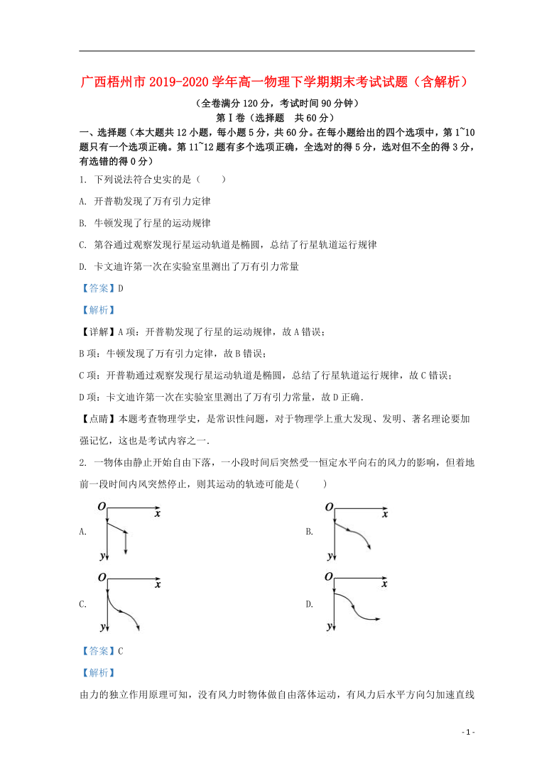 广西梧州市2019-2020学年高一物理下学期期末考试试题含解析