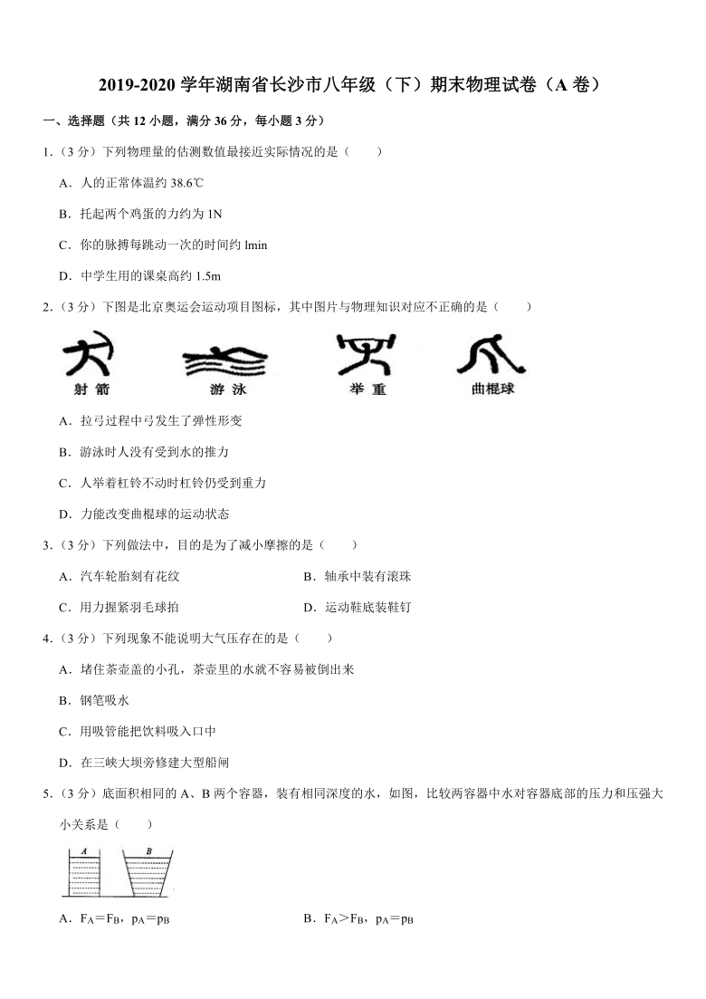 2019-2020学年湖南省长沙市八年级（下）期末物理试卷（A卷）（解析版）