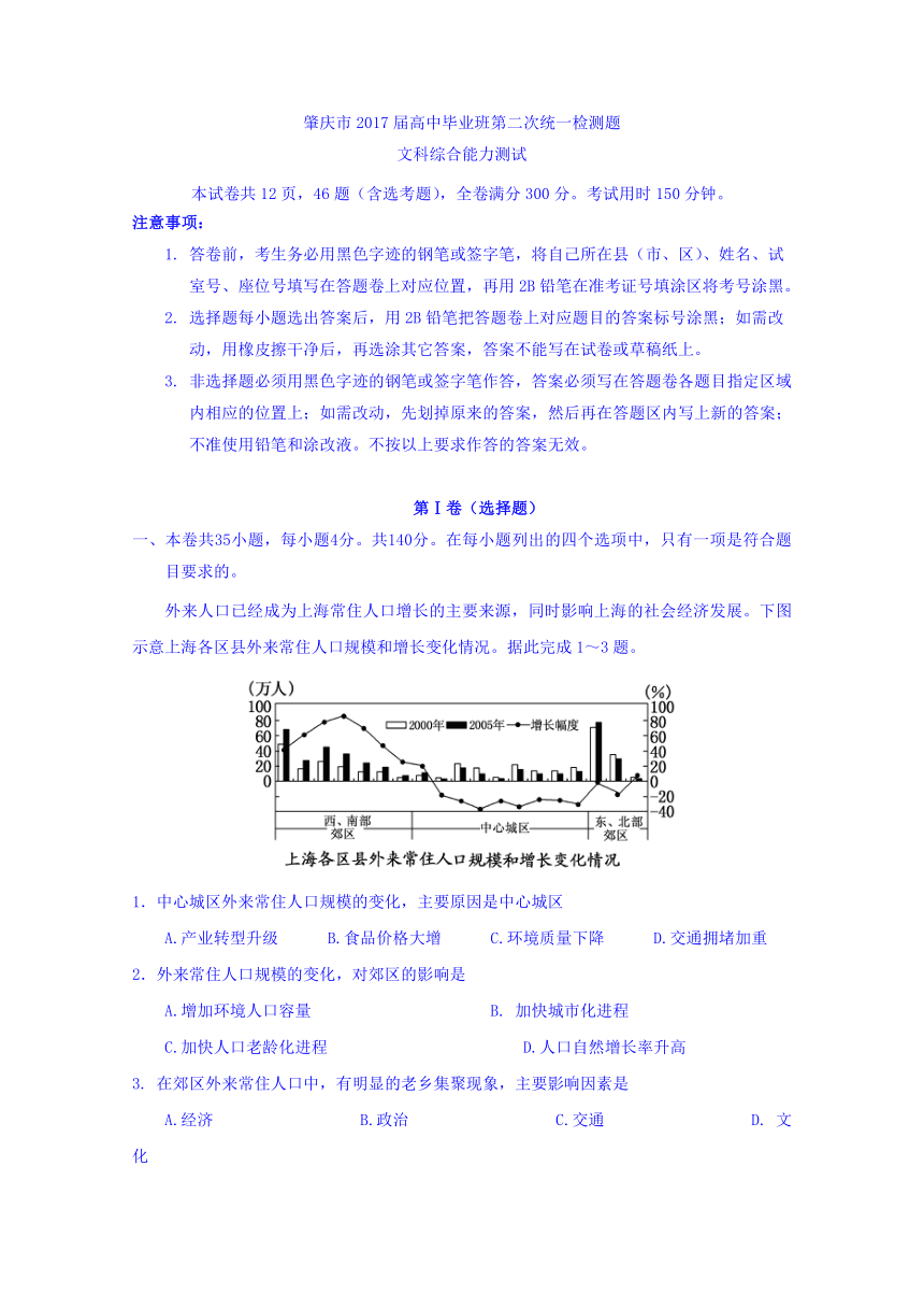 广东省肇庆市2017届高三第二次模拟考试文综试题 Word版含答案