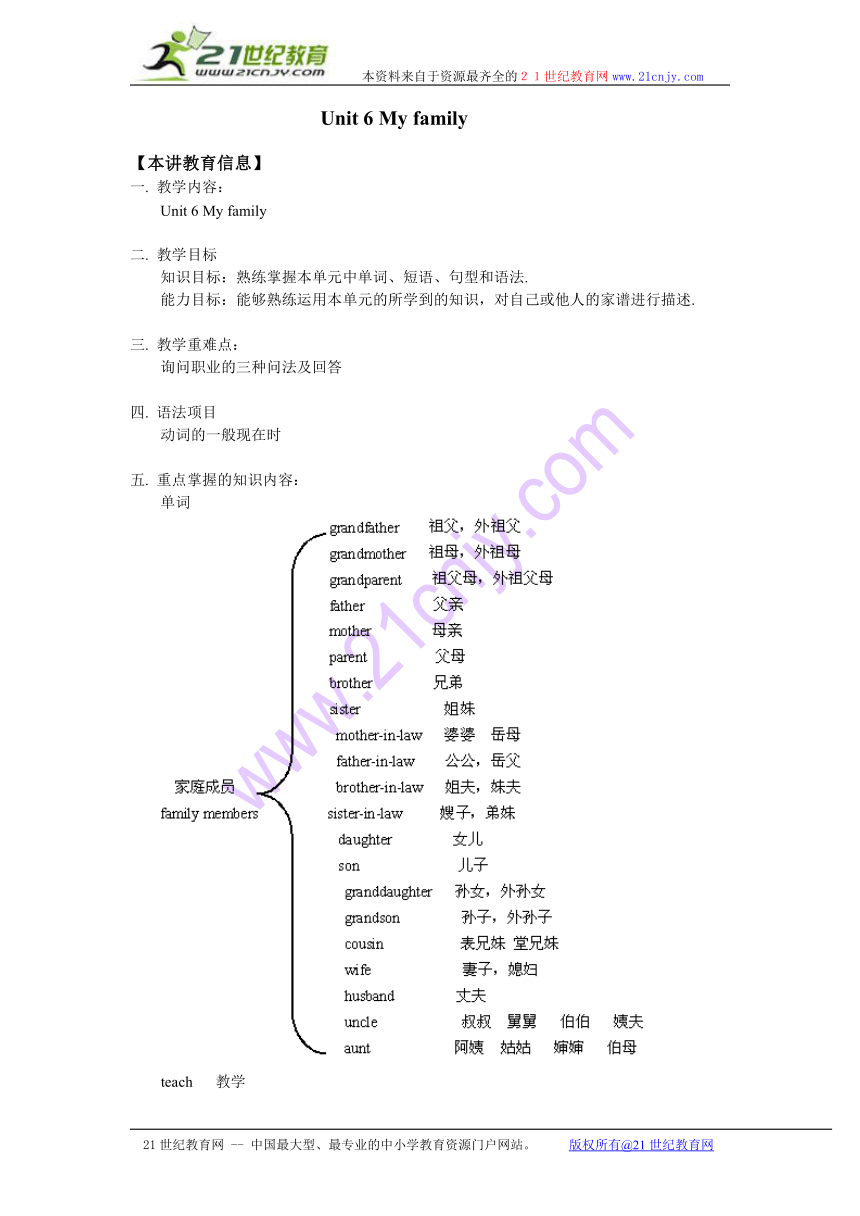 英语：unit 6 my family教案（北京课改版七年级上）