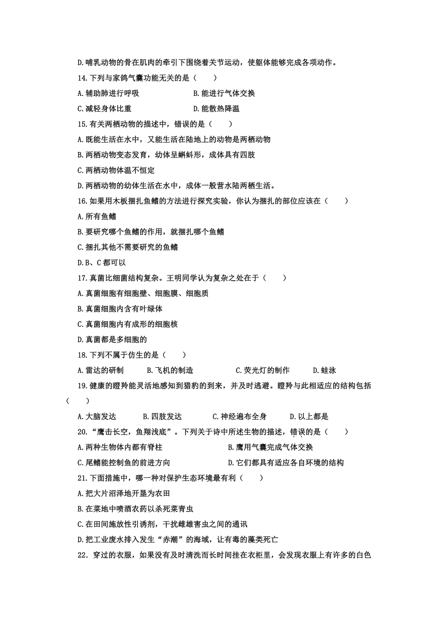 山东省莱芜市实验中学2013-2014学年八年级（五四学制）上学期期中考试生物试题（无答案）