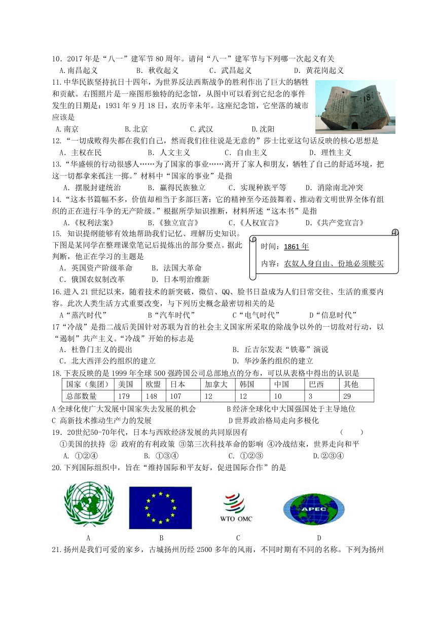 江苏省扬州市邗江区2017届九年级历史第一次模拟试题