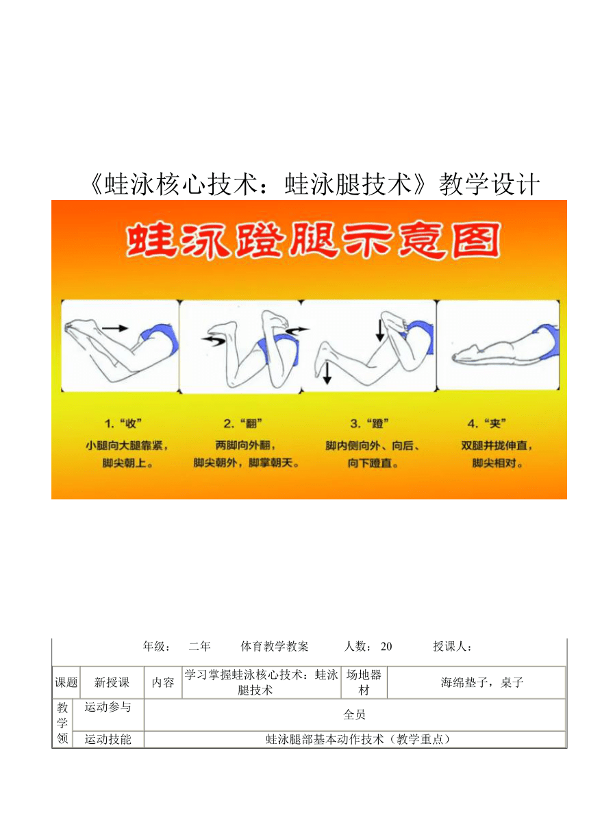 人教版体育与健康二年级上册蛙泳核心技术蛙泳腿技术教案