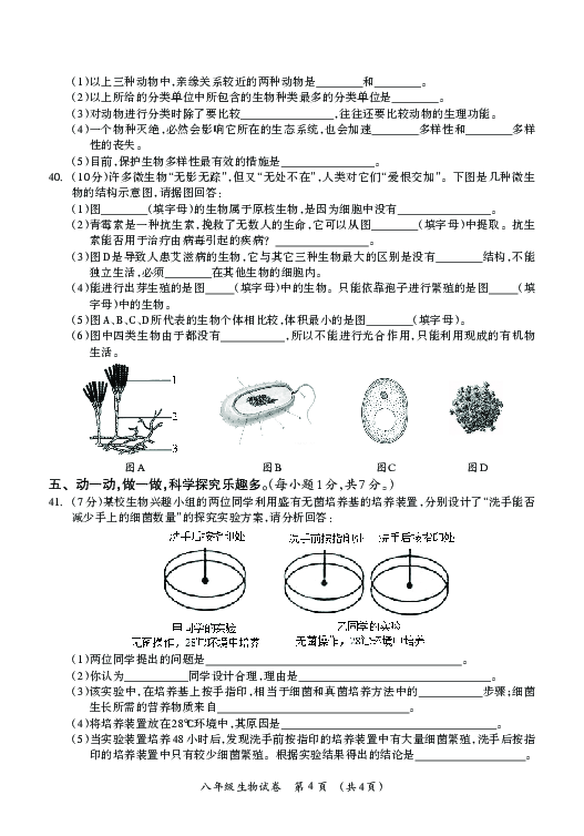 广西桂林市2018-2019学年八年级上学期期末考试生物试题（PDF版，无答案）
