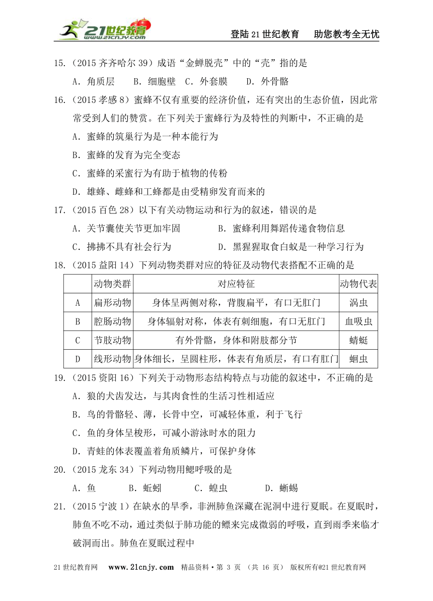 2015全国中考生物真题汇编主题六：动物的运动和行为