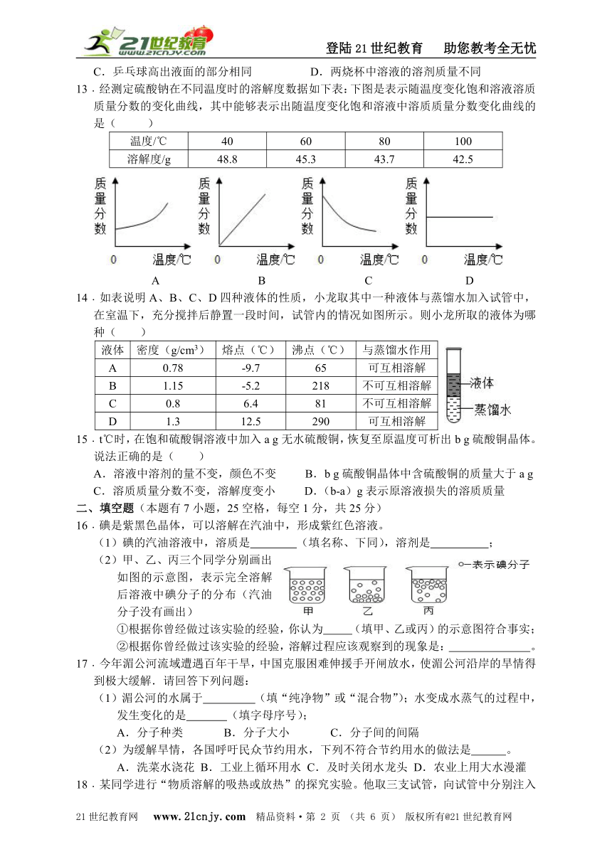 浙教版科学八年级上册单元测试二第1章水和水的溶液（4～7节）