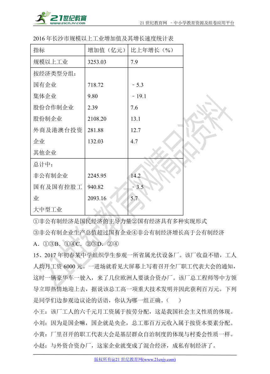 5.1基本经济制度课堂精练习题