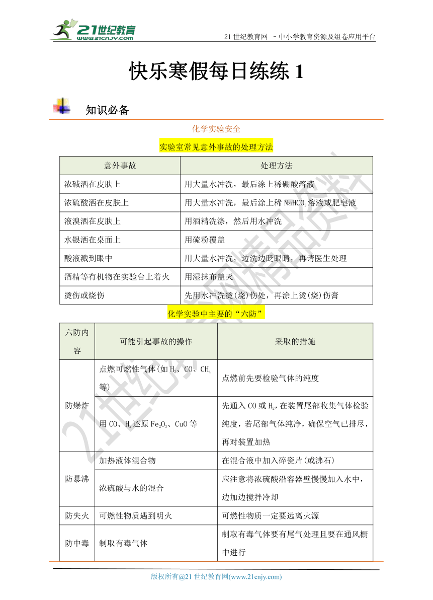 2017-2018高一寒假化学每日练练专题化学实验基础操作（第一天）