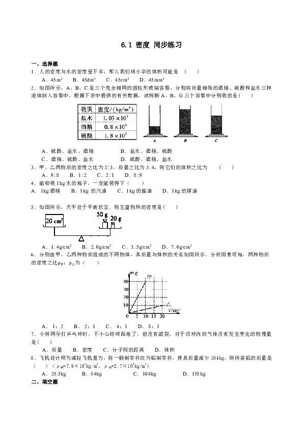 沪教版（上海）九年级上册物理 6.1 密度 同步练习（含解析）
