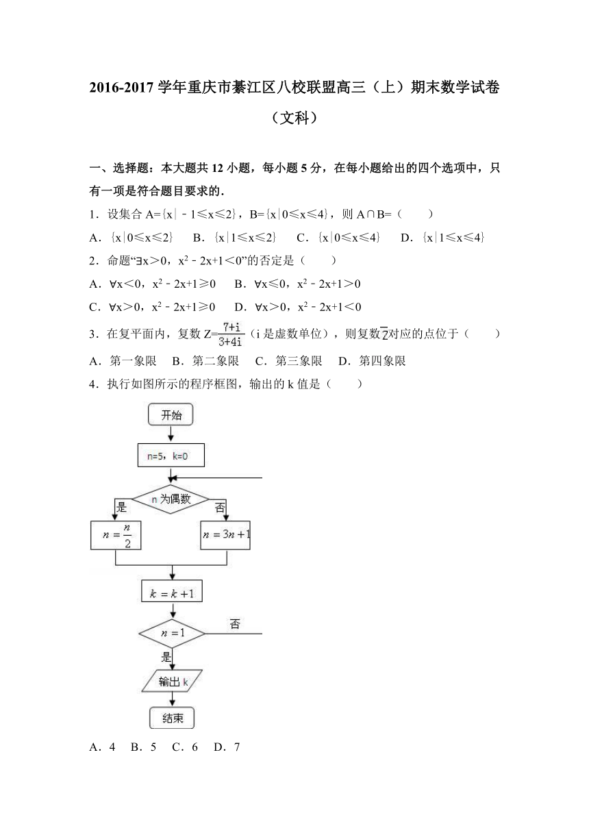 重庆市綦江区八校联盟2017届高三（上）期末数学试卷（文科）（解析版）