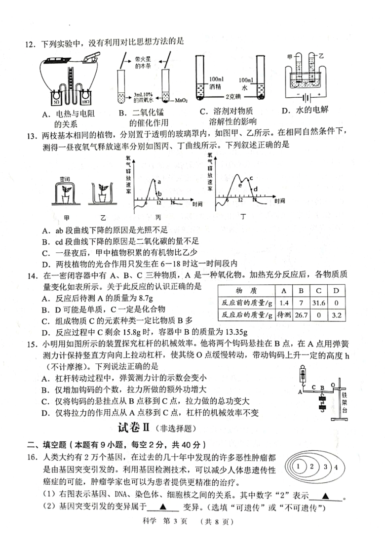 浙江省绍兴市嵊州市2021年初中毕业生学业评价调测科学试卷（PDF版 无答案）