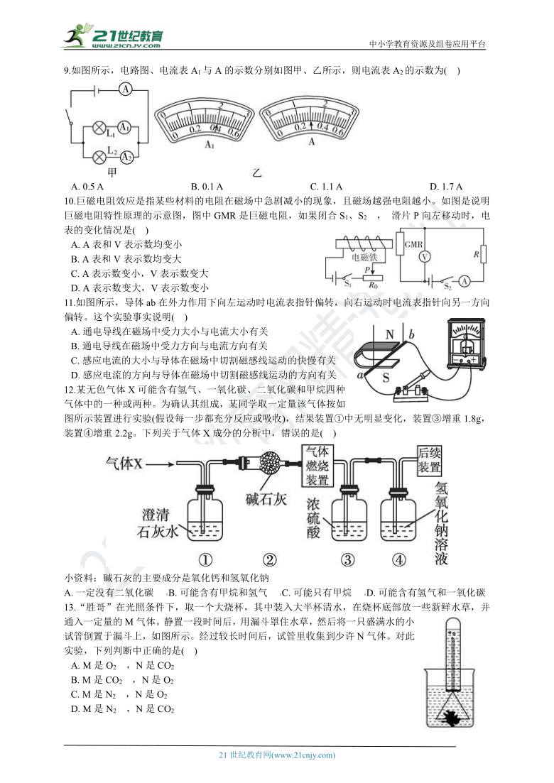 2021年浙教版科学中考模拟卷 含解析（适用金华、嘉兴、杭州、湖州、衢州）